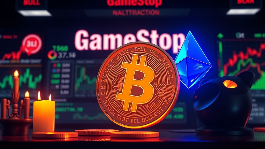 Cryptocurrency news visual illustration: GameStop Reveals Bitcoin Pledge Strategy, Ending Sale Speculation